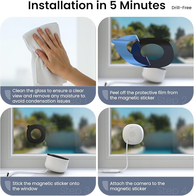2K No Drill Window Camera-2 Pack 2.4Ghz & 5Ghz WiFi Dome Cameras for Home Security for Indoor & Outdoor Monitoring, Color Night Vision, Human Detection, 24/7 Recording, Ideal for Apartment, K1