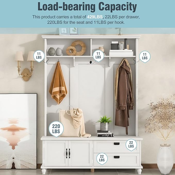 Widen Hall Tree with Bench and Shoe Storage, Modern Entryway Bench with Coat Rack, Cabinet, 2 Drawers and Shelves, Mudroom Bench with Storage and 5 Hooks for Entry Way, Hallway (White)