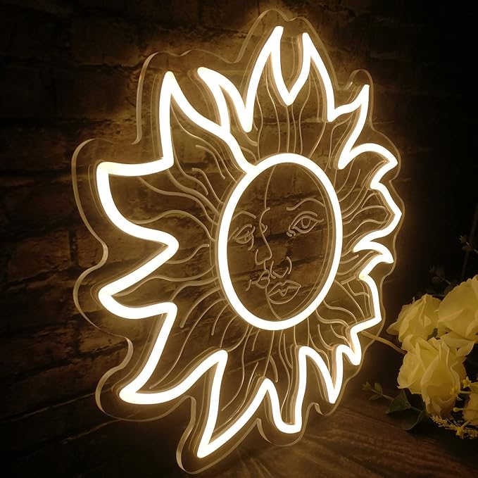 3D Sun and Moon LED Neon Light, Sunflower Neon Light Retro Sun Moon Face Neon Sign, Indie Boho Style Moth Constellation Aesthetic Wall Decor for Bedroom Dorm Living Room Man Cave, Birthday Gifts - 12"