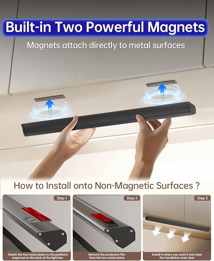 Under Cabinet Lighting Wireless, 2400mAh Rechargeable Cabinet Light, Battery Operated, Magnetic, Stick on, 106 LED 3-Color Shelf Lights, dimmable, with Remote Control(Black, 2-Pack, 12.2 inch