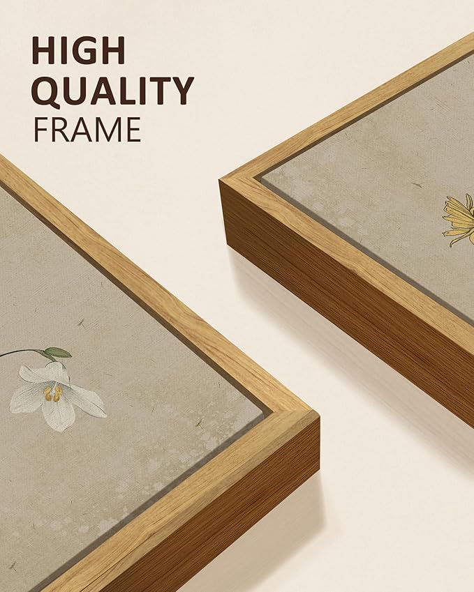 KUVIOKE Vintage Botanical Wall Decor Wild Flowers Artwork Framed Wall Art Ready to Hang Hallway Home Office 8x16in3pcs Natural Framed