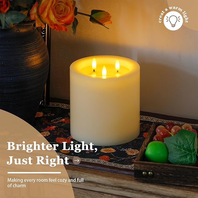 3-Wick 6"x6" Extra Large Real Wax Flameless Pillar Candles with Remote Control and Timer Function, Candle Grease Ivory Battery Operated LED Flickering 3D-Wick (Long Lasting, Warm Fire)