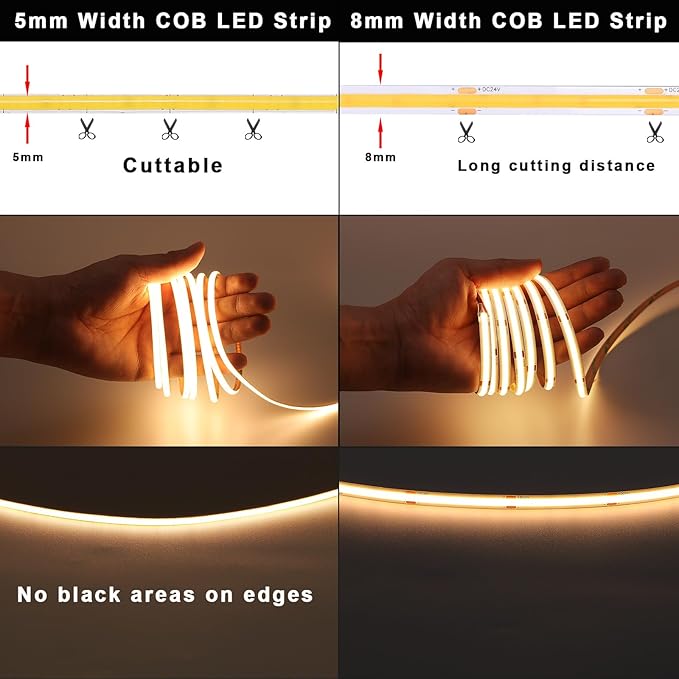 TOPAI 24V Thin 5mm COB LED Strip 3000K Warm White 16.4ft Super Bright 4000lm CRI>90 Uniform Dotless 400LEDs/M Flexible Cuttable LED Tape Light for DIY, Bedroom, Under Cabinet Lighting