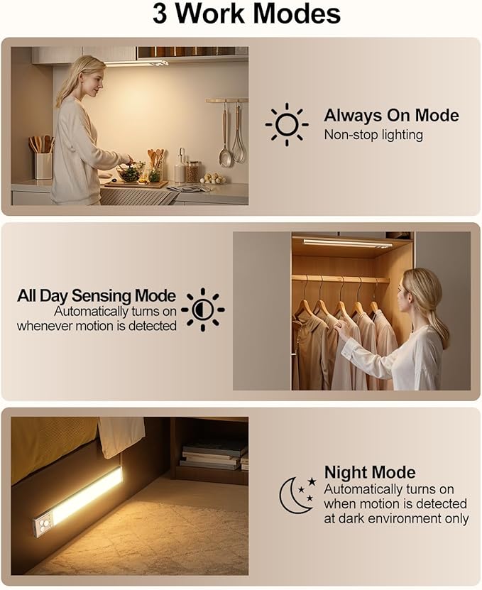 LED Under Cabinet Lighting | 2000mAh Motion Sensor Under Counter Lights for Kitchen | USB Rechargeable Cabinet Lighting Wireless Dimmable Night Light for Closet Wardrobe Cupboard Stairs, 2 Pack