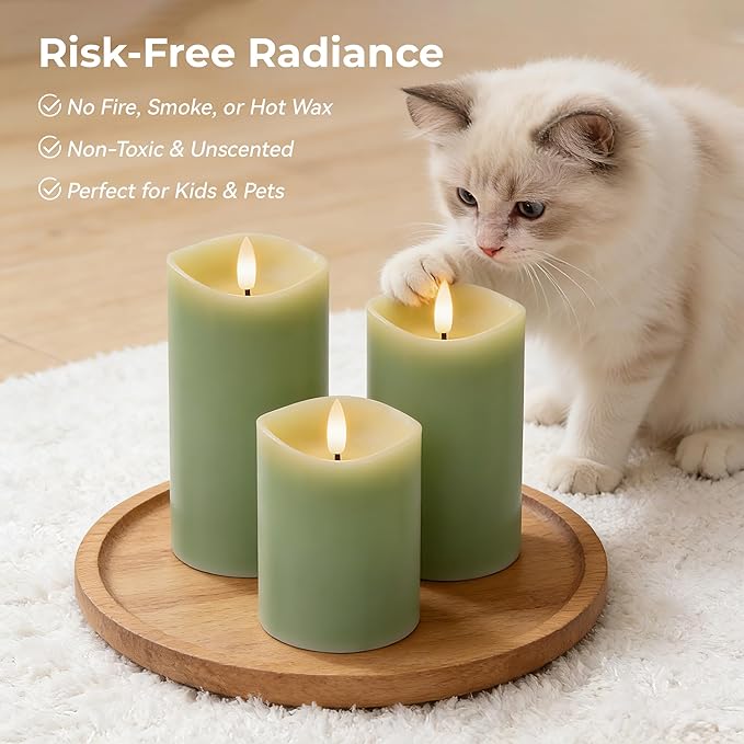 Green Flameless Candles with Remote and Timer, Real Wax Made LED Pillar Candles Battery Operated with 3D Flickering Flame Melted Edge, 3" x 4",5",6", Set of 3 (Pastel Green)