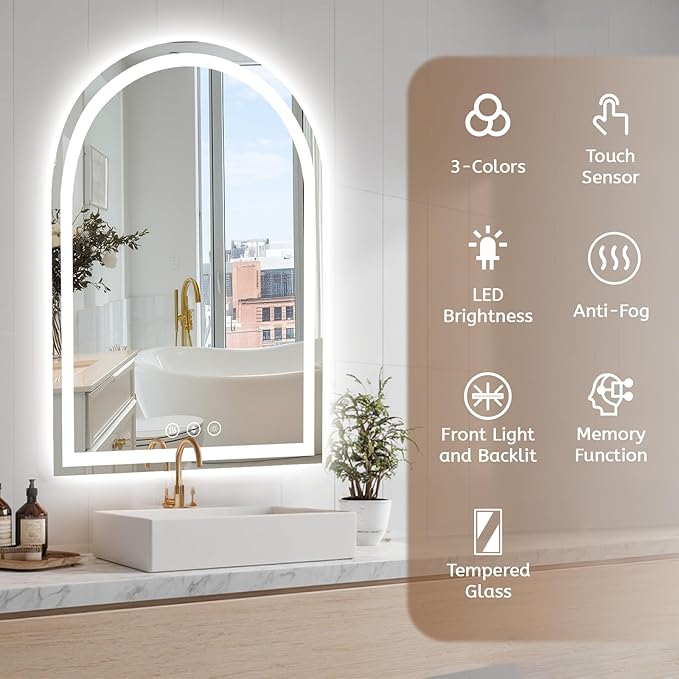 LED Mirror for Bathroom, Lighted Bathroom Vanity Mirror with Lights - Anti-Fog, Front Light and Backlit, Dimmable, 3 Colors (White Arch, 36" L x 48" W)