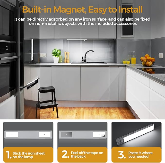 3 Pack Under Cabinet Lights, 32 LED Cold White Rechargeable Under Cabinet Lighting Motion Sensor LED Lights for Kitchen, Counter, Closet, Stairs (Silver - Cold White Light, 8.07 Inch - 3 Pack)