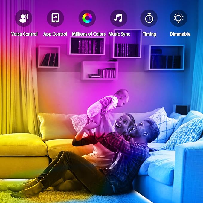 FONEWE 50ft LED Strip Lights Music Sync LED Light Strips for Bedroom Color Changing Lights with APP and Remote Control