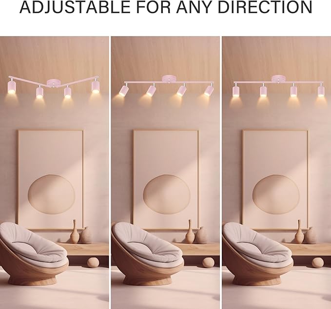 BoostArea LED 4 Light Track Lighting Kit, Pink 4 Way Ceiling Spot Lighting, Flexibly Rotatable Light Head for Kitchen, Living Room, Bedroom, Bulb Not Included