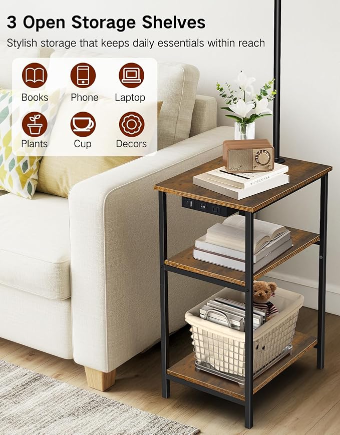 Floor Lamp with Table & Rattan Shade, Side End Table with Charging Station, Dimmable Nightstand with 3 Color Temperatures, 1-Hour Timer, 12W LED Bulb, for Living Room, Bedroom(Rustic Brown)