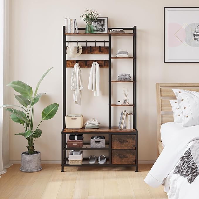 LUMTOK Hall Tree with Bench Storage and Shoes Storage, Hall Tree with Drawers and Shelves for Bedroom, 6-in-1 Entryway Organizer with Shelves, Living Room, Entryway, Closets (Rustic Brown)