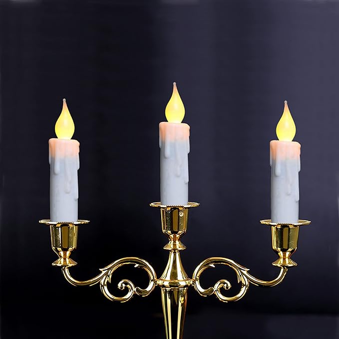 CVHOMEDECO. Flickering Taper Candles LED Drip Flameless Candles, Battery Operated with Timer, White, 4-3/4 Inch, Set of 3