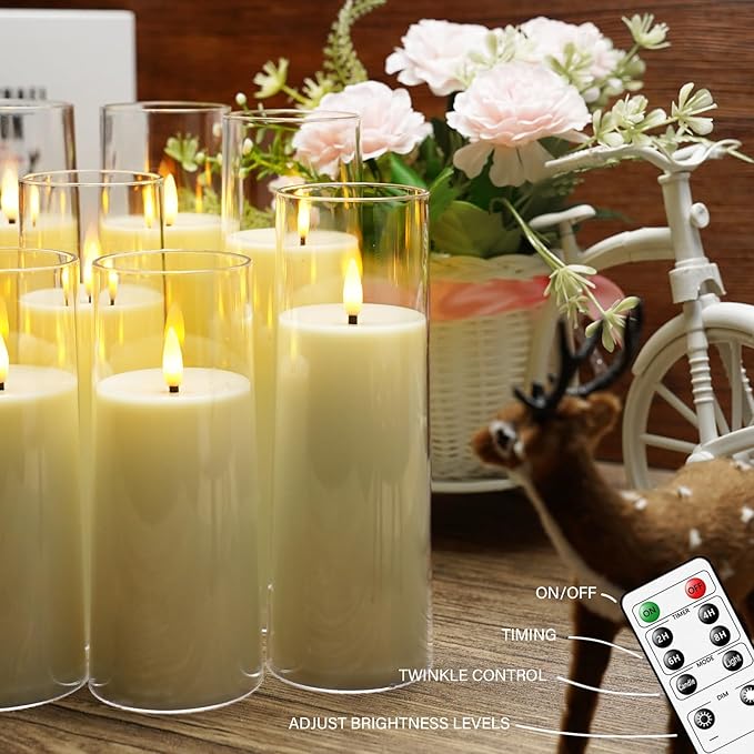 Flickering Flameless Candles Battery Operated with Remote and 2/4/6/8 H Timer Plexiglass Led Pillar Candles Pack of 9(D2.3 xH5.5 6.5" 7.5") with Realistic 3D Wick Candles for Home Decor(Ivory)