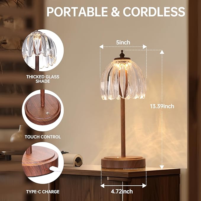 Tulip Table Lamp with 5200mAh Battery & Touch Control, Small Cordless Table Lamp with 3 Colors, Rechargeable Battery Operated Table Lamps for Bedroom, Desk, Bedside (Transparent-Walnut Color)