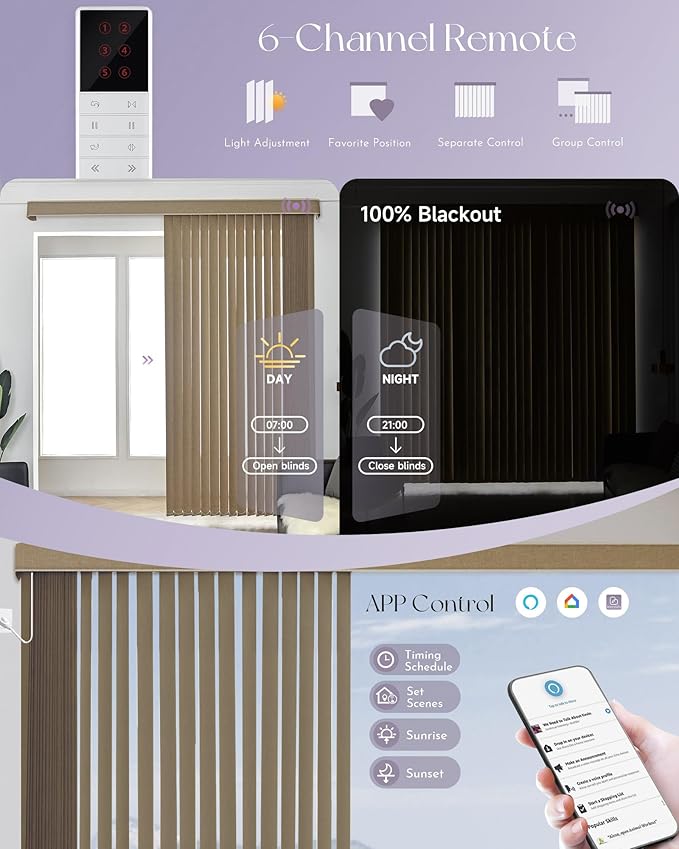 Graywind Motorized Vertical Blinds Compatible with Alexa Google Privacy Reversible Blackout Smart Vertical Blind Remote Control Track Slats Set for Patio Sliding Glass Doors, Width Up to 157", Coffee