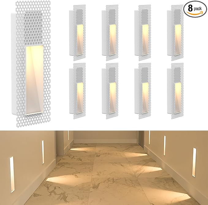 8 Pack Trimless Recessed Step Lights, 2W 3000K Warm White Wall Light, Indoor Rectangle Skirting Board Lighting, Invisible Stair Lights for Hallway, Bedroom, Staircase (No Dimming)