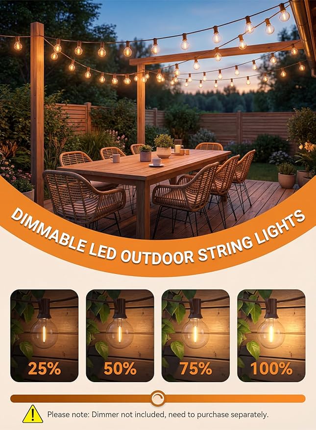 SUNSGNE 25FT Brown Outdoor String Lights, Shatterproof LED Globe String Lights with 25 G40 LED Bulbs, Waterproof Connectable Hanging Light for Backyard Patio Porch Balcony Party Decor, E12 Base