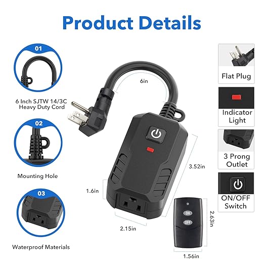 BN-LINK Outdoor Remote Control Outlet Plug Black,Indoor Wireless Outlet Switch Weatherproof Heavy Duty 15A 3-Prong 6-inch Cord 100Ft Range,3Pack(Battery Included)