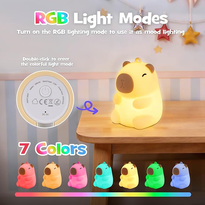 Capybara Night Light Squishy Silicone Nursery Breastfeeding Nightlight with Dimmable Warm White & RGB Color Modes Cute Capybara Lamp Rechargeable Touch Bedside Desk Animal Lamp for Bedroom Dorm Decor