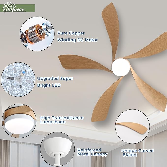 Sofucor 52 Inch Ceiling Fans with Lights and Remote, Outdoor Ceiling Fan with Light 6-Speed 3 CCT 3-Timer, Modern Low Profile Ceiling Fan 5 Blade Reversible DC Motor for Living Room Bedroom Patio