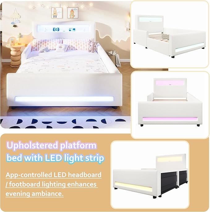 MERITLINE Full Size Upholstered Platform Bed with Drawer, App-Controlled RGB LED Light Strip & USB Port, PU Fabric Storage Bed (White) | LED light, Storage Drawer