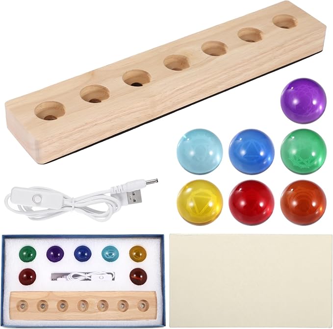 Meditation Decor with 7 Spheres, Led Wooden Stand, 1.5 Crystal Balls Set, Geometric Carvings, Colorful Night Light, Home Or Office