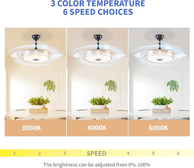 Retractable Ceiling Fan with Lights, 42 inch Ceiling Fan with Light and Remote, Low Profile Bladeless Fan for Bedroom Living Room