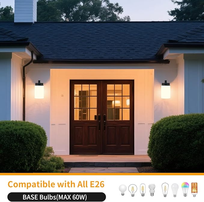 Outdoor Wall Lamp, Waterproof and Anti-Rust Aluminium Modern Wall Light Fixture Milk Glass Indoor for Outside,Garden, Matt Black