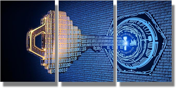 3 Panel Framed Wall Art A Key Formed from Binary Code Goes Into an Abstract Lock Picture Print on Canvas Posters for Bedroom Living Room Dorm Wall Decorations, 12x16inchx3