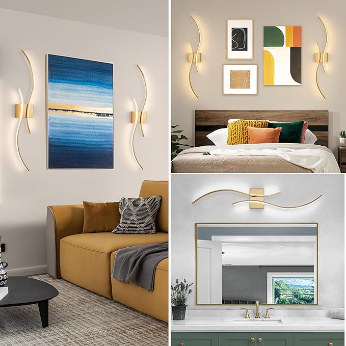 CANEOE Modern Wall Sconce Set of, 5CCT Dimmable Indoor Led Wall Sconce Lighting Set of 2, 31.5 Inch Wall Light Fixtures, Gold Led Wall Lamps for Living Room Bedroom Bathroom Hallway