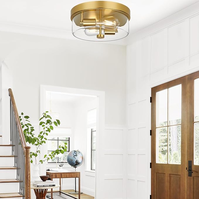 Flush Mount Ceiling Light Fixtures, 2-Light Gold Ceiling Mount for Farmhouse with Clear Glass Lampshade, Industrial Flush Mount Light Fixture Farmhouse for Hallway, Kitchen, Entryway and Foyer
