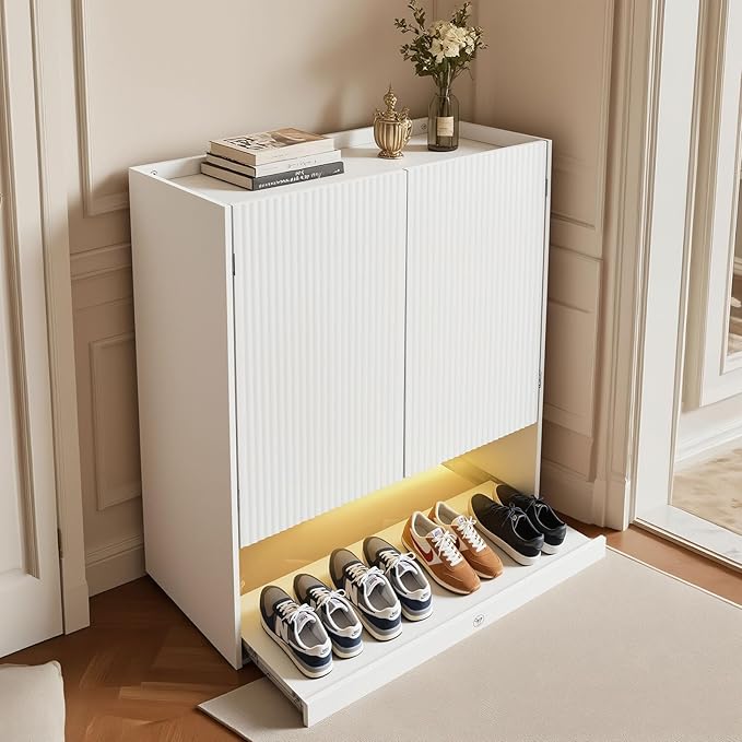 Shoe Cabinet with LED Light, 4-Tier Shoe Storage Cabinet with 2 Adjustable Shelves, Large Shoe Storage with Fluted Panel Modern Shoe Rack for Entryway, Bottom Pop-Up Shoe Rack, White
