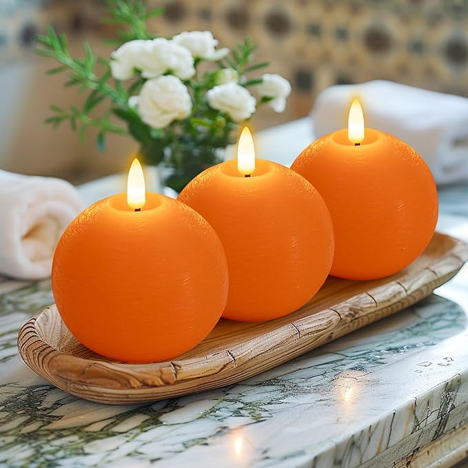 Flameless Candles with Remote, Orange Round Candles Ball LED Battery Operated Real Wax Candles Warm Light 3D Wick Flickering for Home Party Wedding Decor (Set of 3)
