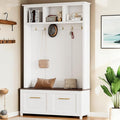 Merax Modern 4-in-1 Storage Hall Tree with Bench, Versatile Multiple Space with 6 Golden Hooks, 2 Drawers, Entryway Coat Rack for Living Room, Hallway, White