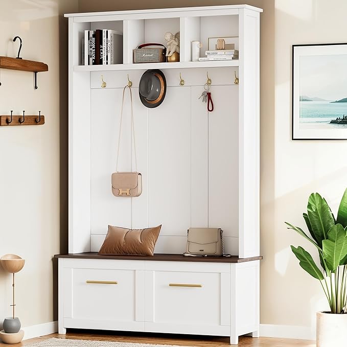 Merax Modern 4-in-1 Storage Hall Tree with Bench, Versatile Multiple Space with 6 Golden Hooks, 2 Drawers, Entryway Coat Rack for Living Room, Hallway, White