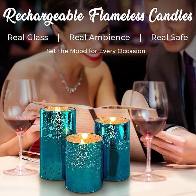 Rechargeable Flameless Candle, Flickering LED Pillar Glass Fake Candle with Remote and Timer, Built-in Battery Real Wax Electronic Candle for Room Decoration, Set of 3