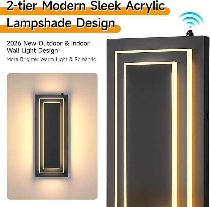 Dusk to Dawn Outdoor LED Wall Sconce,15.7 in Black Modern Square Outdoor Light Fixtures Wall Mount,Waterproof 2-Tier Exterior Lights for House,Garage,Porch,Patio,Yard,Foyer,3000K,24 W, 2PCS