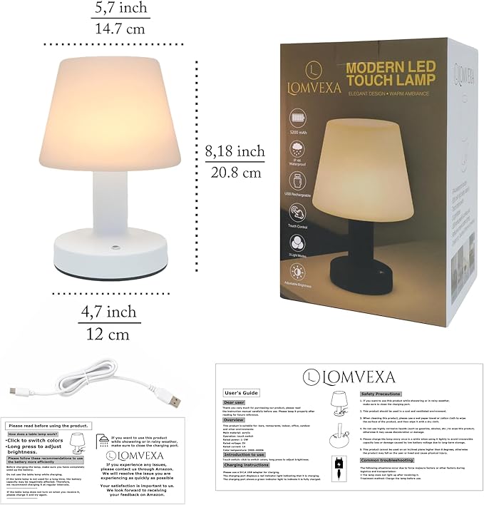 Cordless Table Lamp, Rechargeable Table Lamp, Waterproof Shower Lamp, 5200mAh Small Table Lamps, 3-Color Dimmable Touch Light, Portable Outdoor and indoor table lamp, Bedside night light (White)
