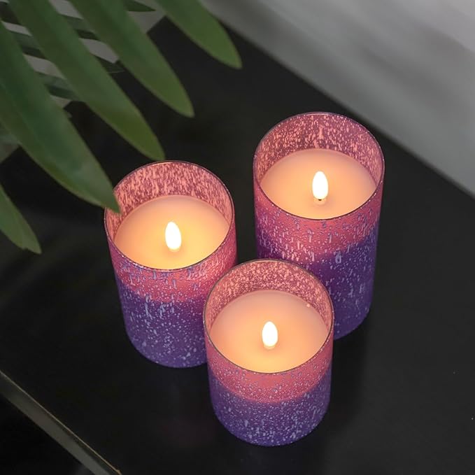 Mingfuxin Purple Flameless Candles with Remote, Set of 3 Indoor Halloween Candles Battery Operated, LED Fake Candles for Bedroom Home Wedding Tabletop Fall Decor