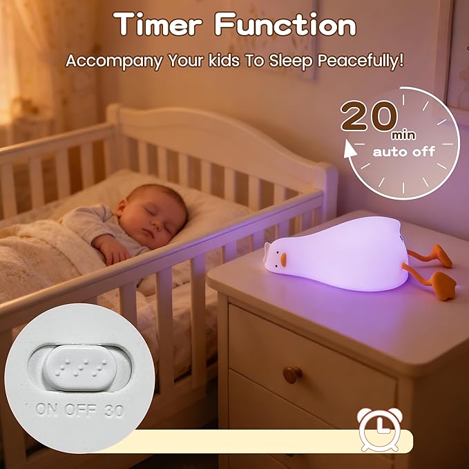 Cute Duck Night Light with Color Changing, APP/Tap Fun Lying Flat Duck Lamp with Rubber Duck Gift,Soft Silicone Nursery Nightlight,Dimmable/Timing Bedside Lamp,White Elephant Xmas Gifts for Baby Kids