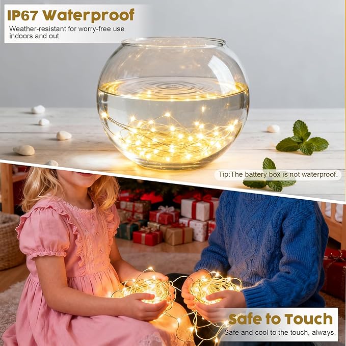 Lemical 10 Pack Fairy Lights Battery Operated 9.8FT 30 LED Twinkle Lights 3 Modes Waterproof Bulk Mini Copper Wire Firefly String Light for Christmas Mason Jars DIY Wedding Table Decor(Warm White)