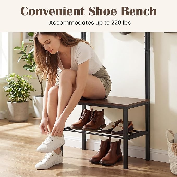 Giantex 3-in-1 Hall Tree with Bench and Shoe Storage, Freestanding Coat Rack with Hooks, Heavy Duty Metal Frame, Industrial Narrow Mudroom Organizer for Entryway Living Room Bedroom