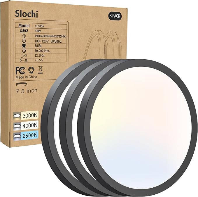 slochi 7.5Inch Ceiling Light Fixture, 3000K-4000K-6500K Flush Mount Ceiling Light 3 Pack, Ultra Thin Round White Flat led Lights for Bathroom Hallways Closet Laundry Bedroom Kitchen