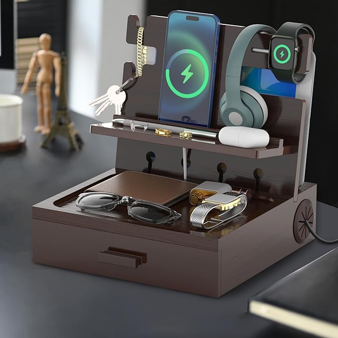 Nightstand Organizer for Men with Drawer Wood Docking Station with USB Ports and AC Outlets, Gifts for Men, Holds Phone, Tablet, Keys, Glasses, Earphones Etc（Brown）