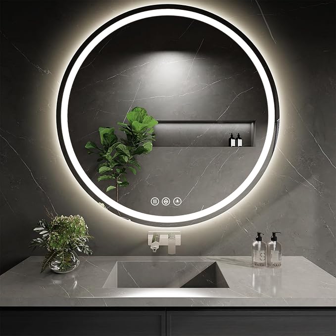 LED Bathroom Mirror 36 Inch Round Bathroom Mirror with Lights,Circle LED Mirror, Wall Mounted Lighted Bathroom with 3 Colors Brightness, Anti-Fog, Dimmable, Shatter-Proof