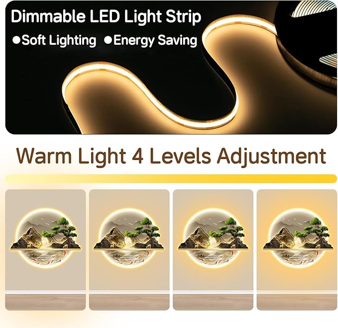 Zen LED Wall Art, Fish Wall Painting Decor with Led Light, Welcoming Pine Wall Decor Art, 3D Landscape Wall Sculpture Decoration, for Living Room Bedroom Office Entrance (B, 60×72cm)