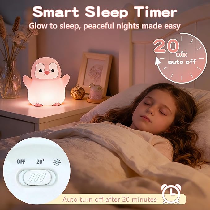 Penguin Night Light for Kids,Cute Pink Penguin Lamp,Soft Silicone Nursery Nightlight,LED Squishy Novelty Animal Bedside Lamp,Rechargeable/Dimmable/Timer,Room Deco,Christmas Gifts for Mom Girls Baby