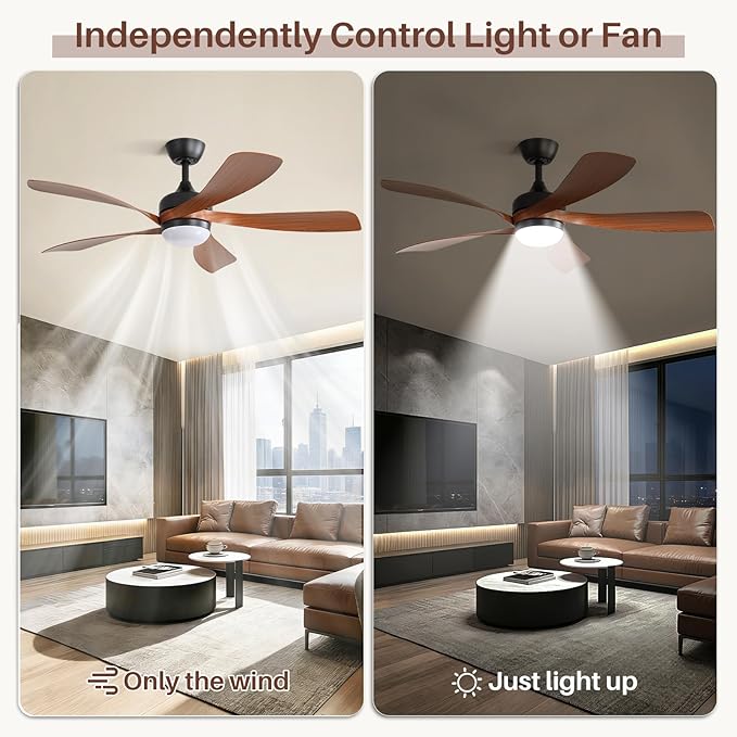 Sofucor 52" Smart Ceiling Fan, Indoor/Outdoor Ceiling Fans with Lights and Remote, Compatible with Alexa/Google/App, 3-Color Light 6-Speed Timing Reversible DC Motor for Bedroom Living Room Patio