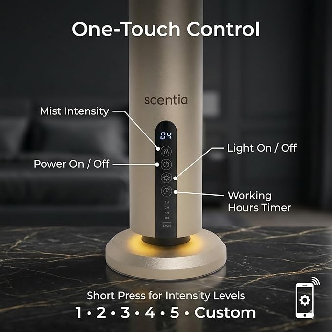 Scentia Wireless Waterless Hotel Scent Diffuser | Includes Premium USA-Made Oil Blend | App Controlled, Cordless | Home, Office, Spa, Aromatherapy | Covers 1500 Sq Ft | 72 Hrs in 1 Charging | Gold