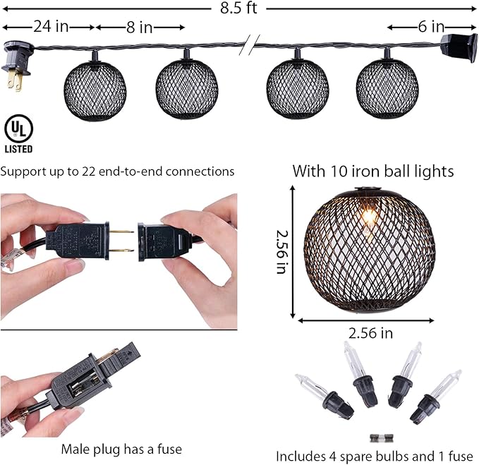 Decorative Lantern String Lights Plug in with 10 Black Metal Ball, Connectable Waterproof Outdoor Decorative String Lights Indoor for Bedroom Patio Pergola Decor